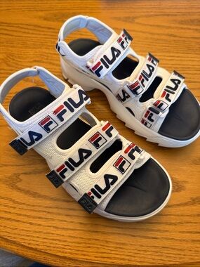 Fila White Platform Velcro Sandals with Blue Footbed and Red/Blue Logo 8.0